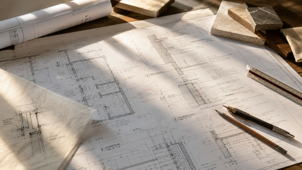 Architectural construction drawings being reviewed during preconstruction planning before construction begins.