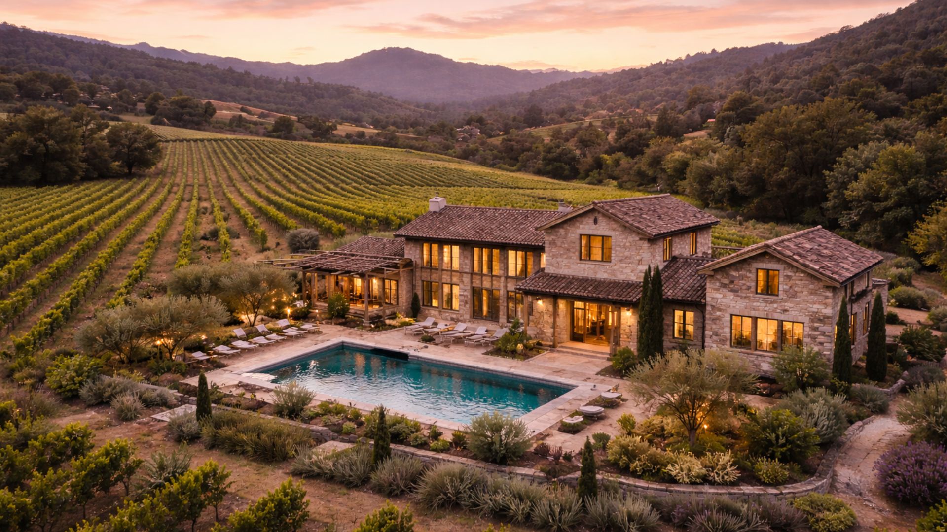 Custom home overlooking Sonoma County vineyards at sunset