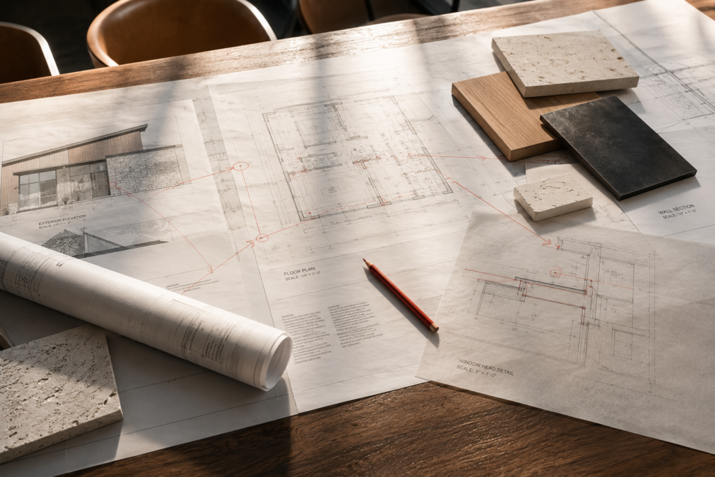 Architectural drawings with material samples illustrating preconstruction planning and design coordination for a custom home.
