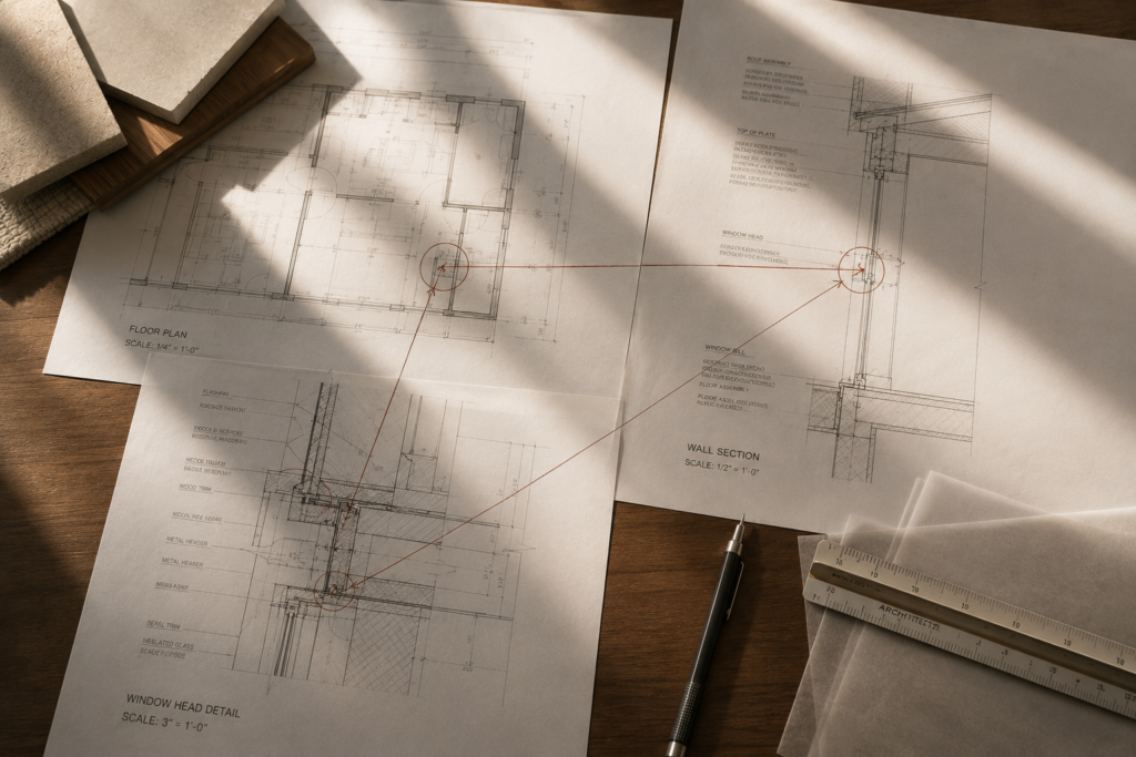 Architectural drawing set showing the same construction detail in plan, section, and enlarged detail to illustrate how architects communicate design intent.